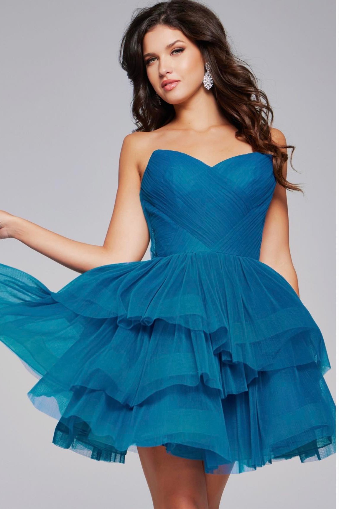Jovani Teal Strapless Tulle Dress