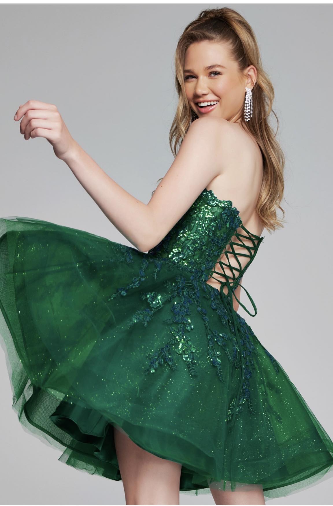 Strapless Embellished Green Fit and Flare Dress