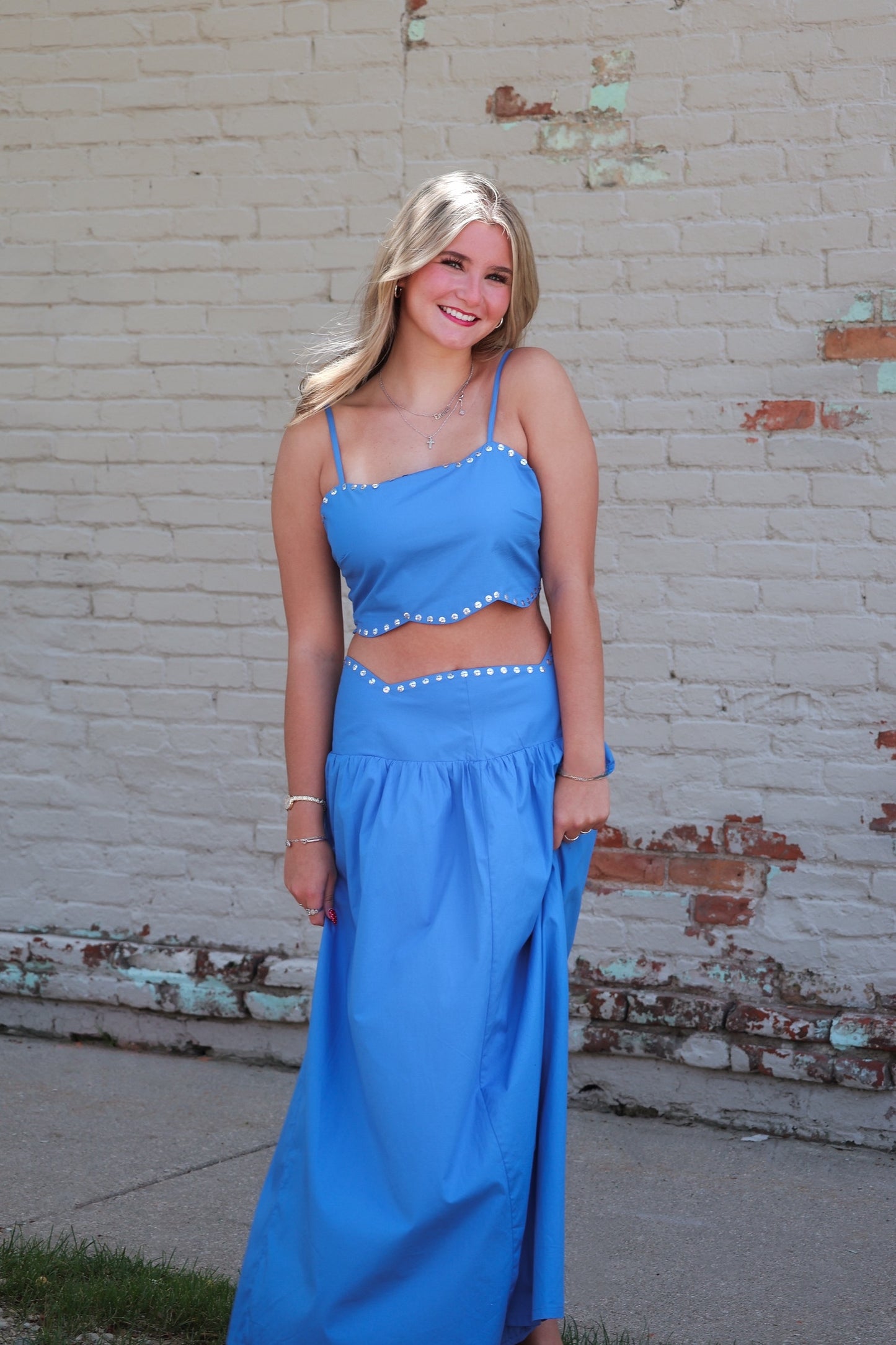 Blue Rhinestone Skirt Set